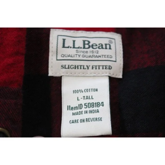 L.L. Bean Men's Scotch Plaid Flannel Hooded Shirt Tartan Red Large Tall H13844 - Picture 7 of 10
